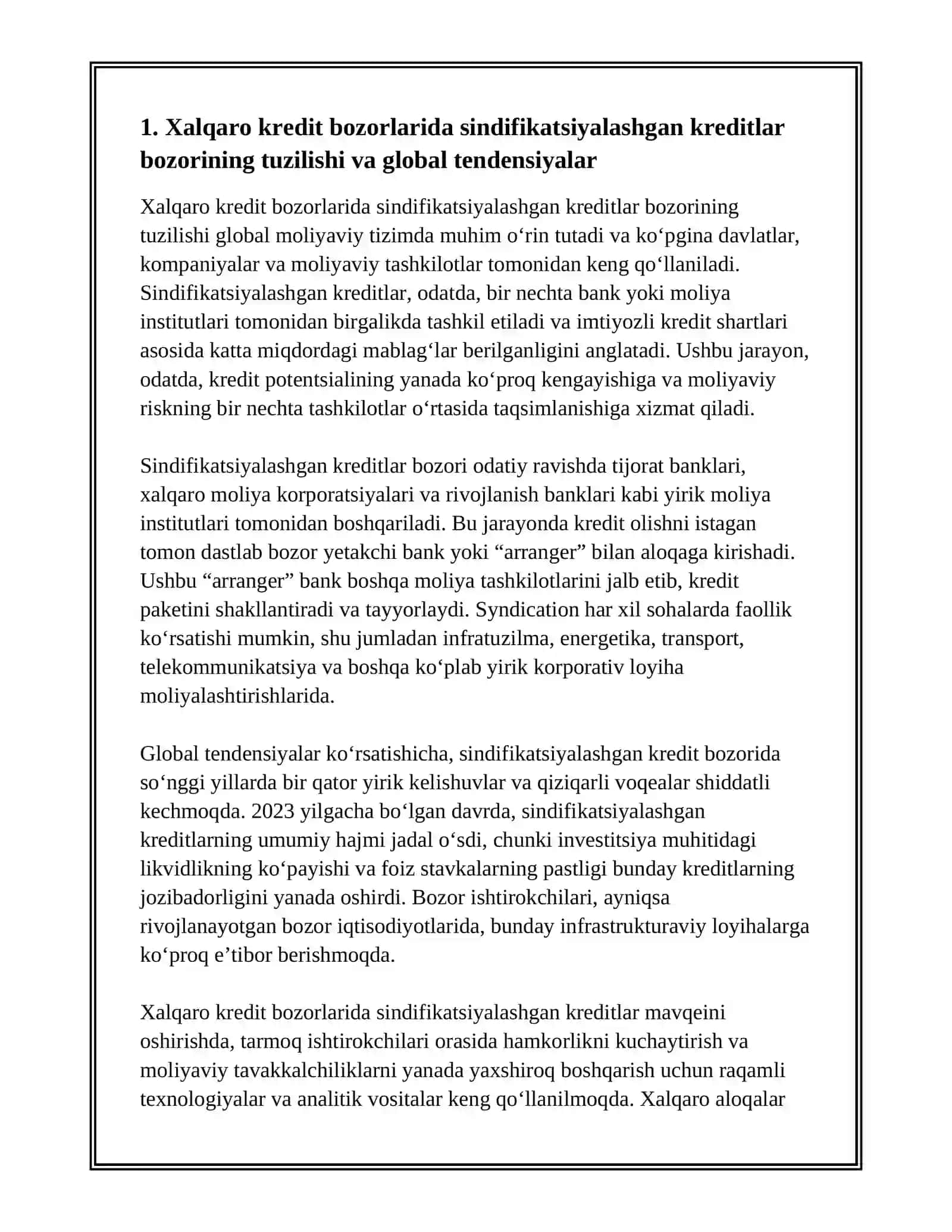 XALQARO KREDIT BOZORLARIDA SINDIFIKATSIYALASHGAN KREDITLAR MAVQEINI OSHIRISH 2