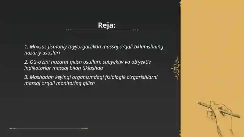 Maxsus jismoniy tayyorgarlik oʻz-oʻzini nazorat qilish oʻrganizmda bolayotgan oʻzgarishlarni massaj qilish orqali tiklash 2