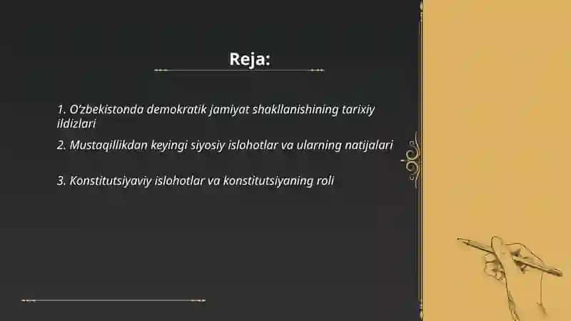 O‘zbekistonda demokratik, fuqarolik jamiyatiasoslarining shakllanishi, amalga oshirilgan siyosiy islohotlar 2