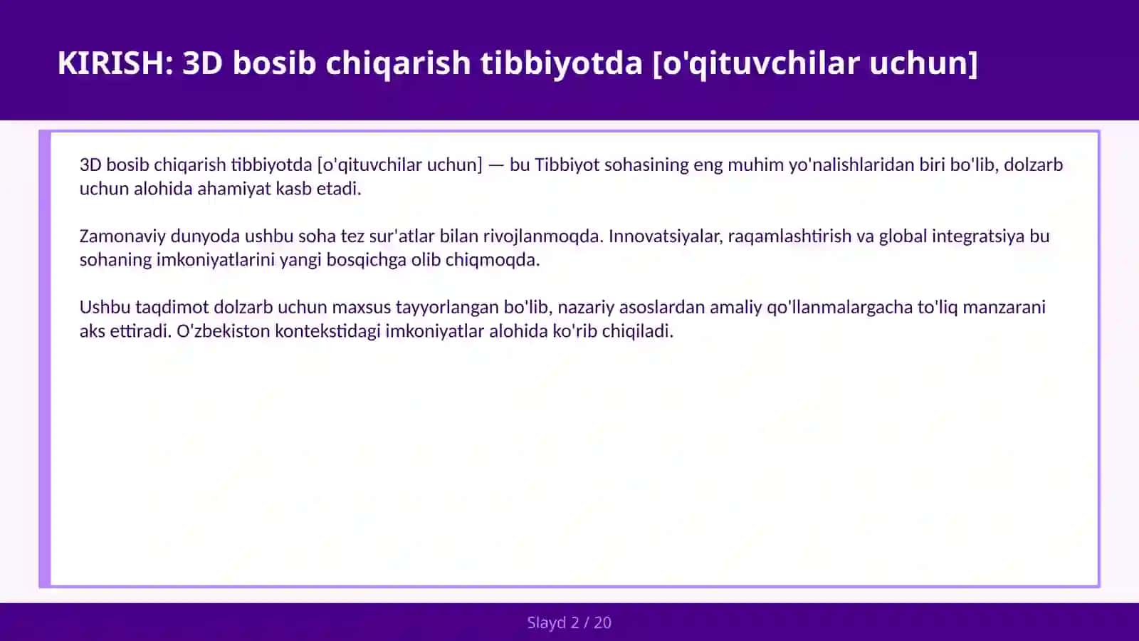 3D bosib chiqarish tibbiyotda [o'qituvchilar uchun] 2