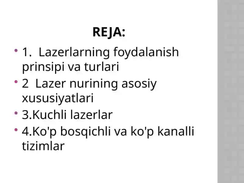 Lazerlarning nurining asosiy xususiyatlari 2