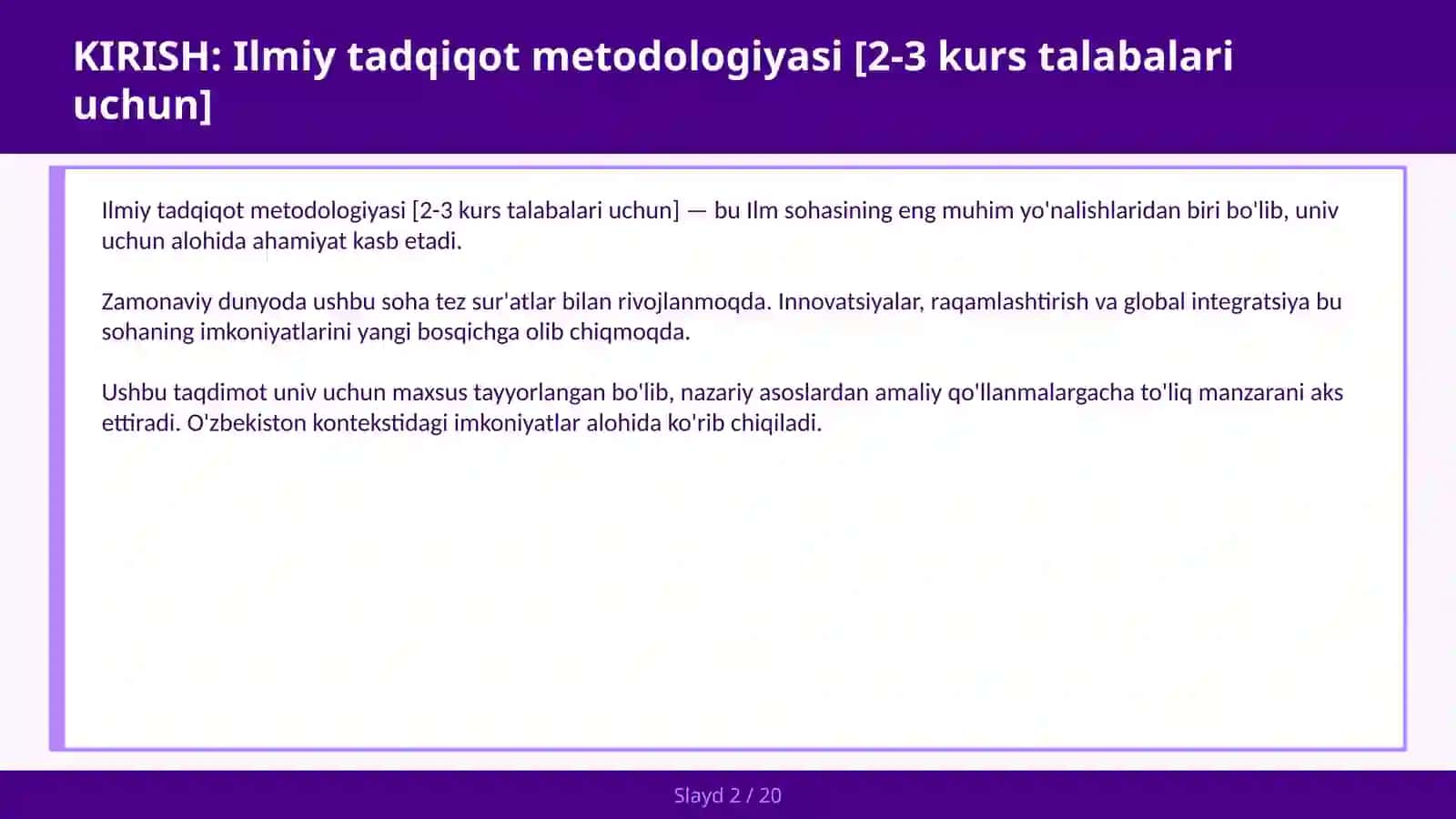 Ilmiy tadqiqot metodologiyasi [2-3 kurs talabalari uchun] 2