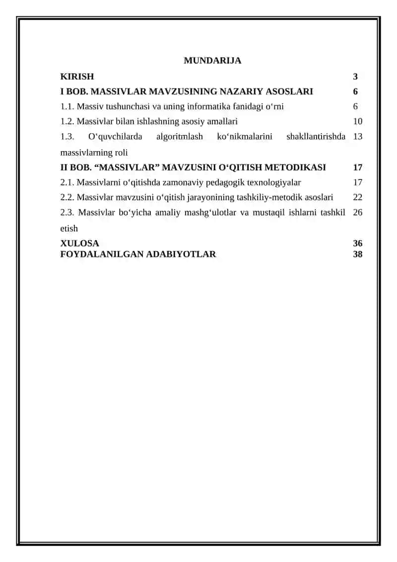 Massivlar mavzusini oʻqitish metodikasi 2