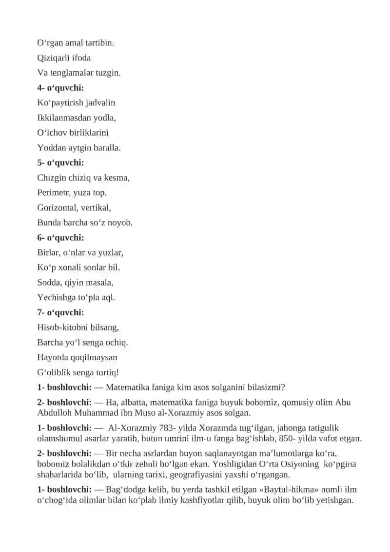 Matematika — fanlar shoxi 4- sinf uchun tadbir ssenariysi 2