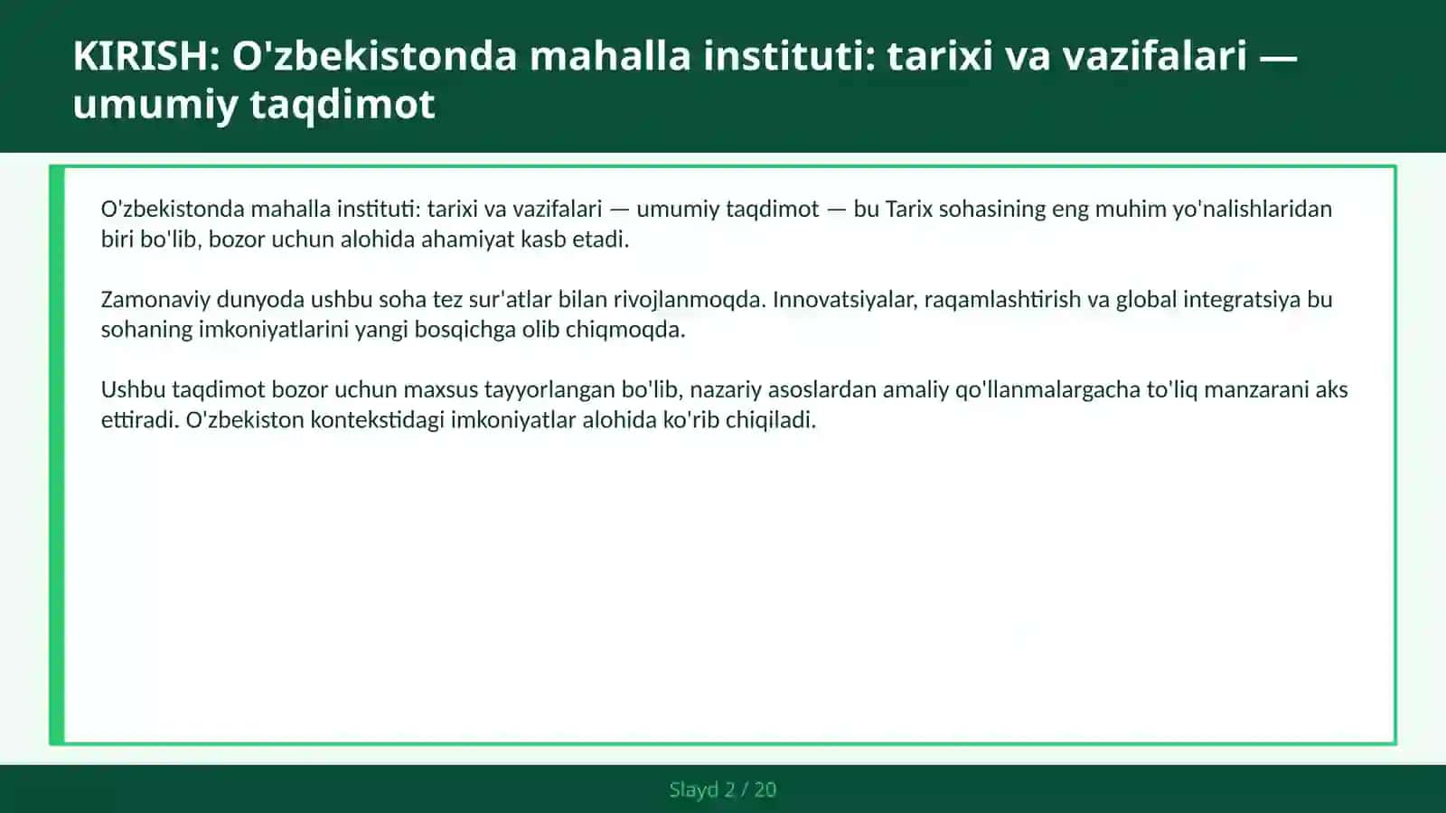 O'zbekistonda Mahalla Instituti: Tarixi va Vazifalari - Umumiy Taqdimot 2