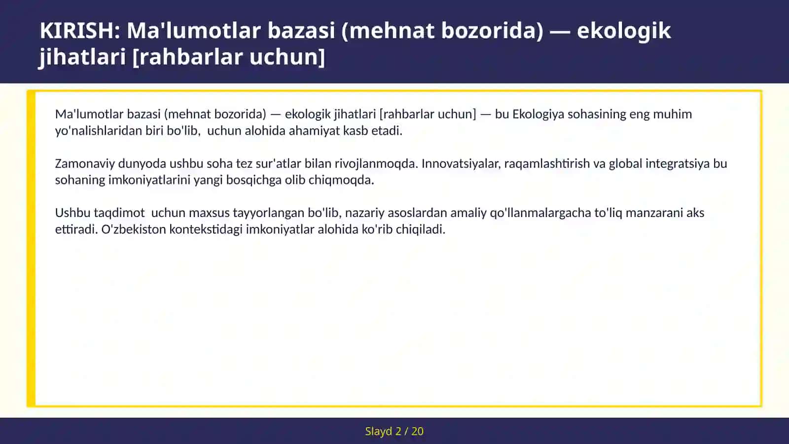Ma'lumotlar bazasi (mehnat bozorida) — ekologik jihatlari [rahbarlar uchun] 2