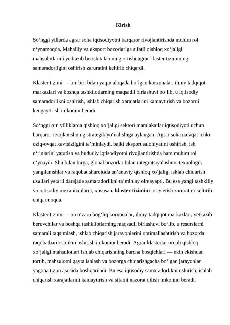 AGRAR SOHADA KLASTER TIZIMINING IQTISODIY SAMARADORLIGI 2