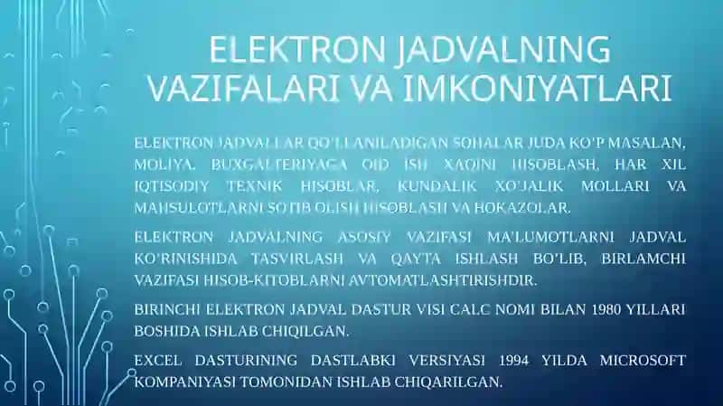 Elektron jadvallar bilan ishlash texnologiyasi 2
