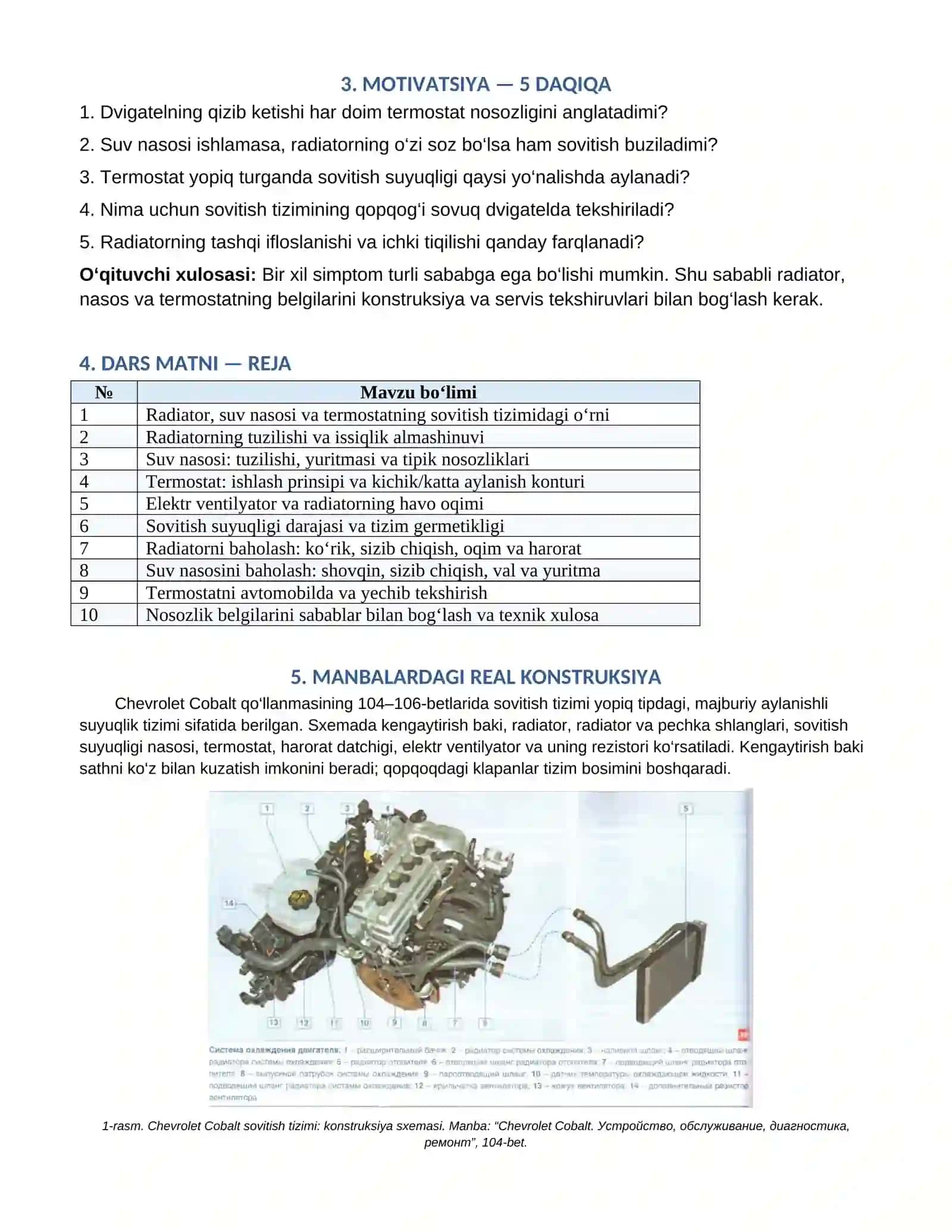 Radiator, suv nasosi va termostat holatini baholash 2