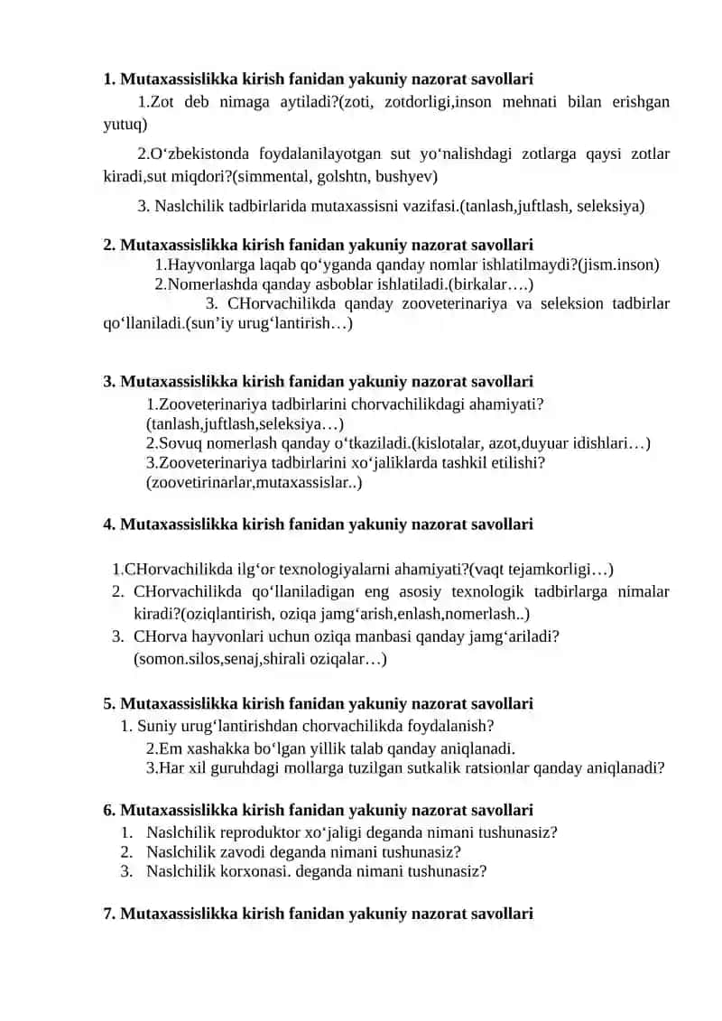 Mutaxassislikka kirish fanidan yakuniy nazorat savollari 2
