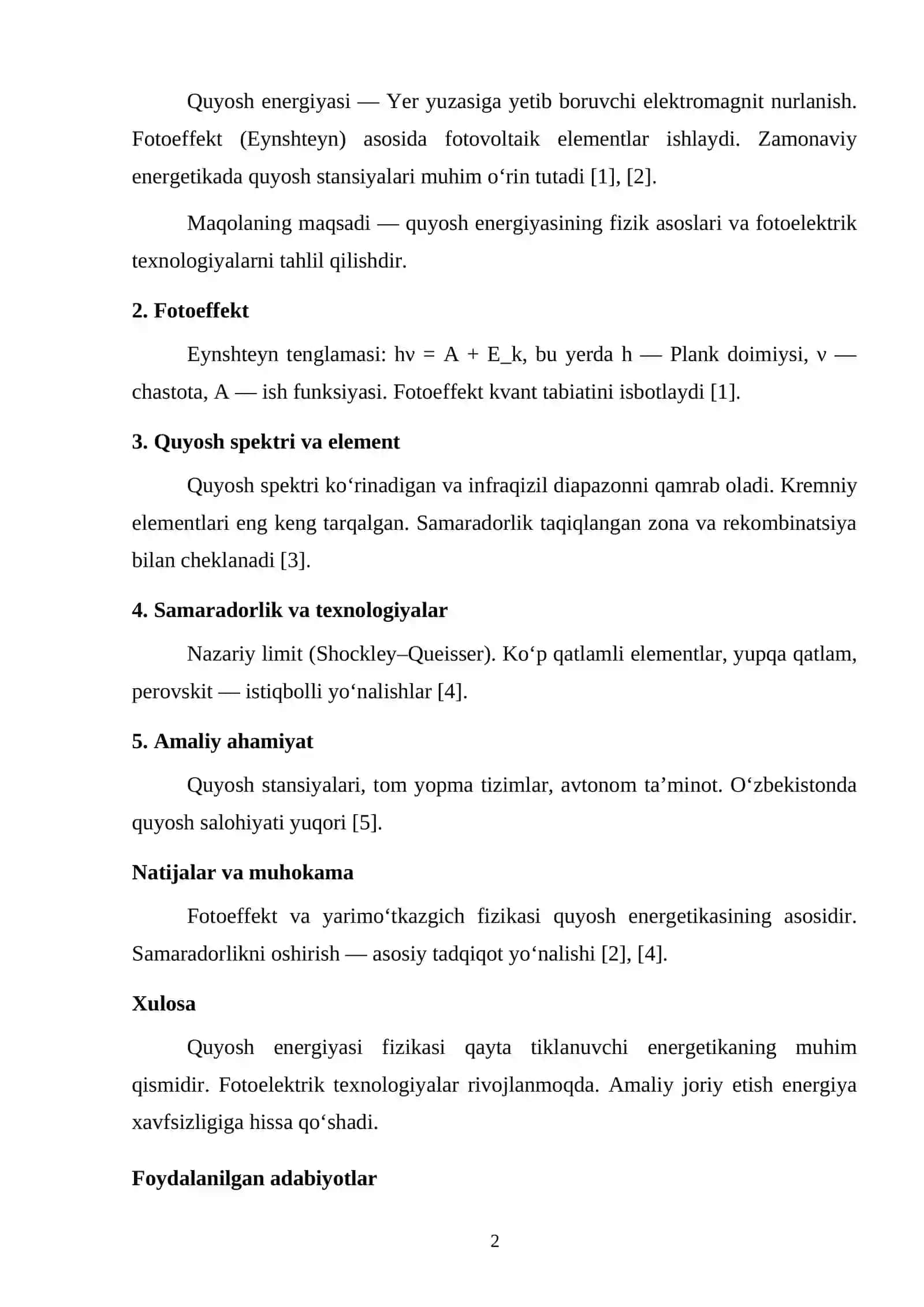 QUYOSH ENERGIYASINING FIZIK ASOSLARI VA FOTOELEKTRIK TEXNOLOGIYALAR 2