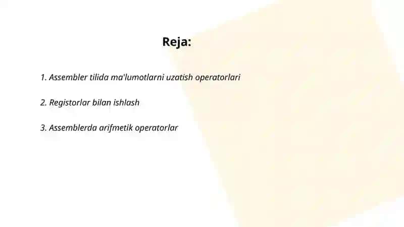 Assembler tilida asosiy operatorlar bilan ishlash 2