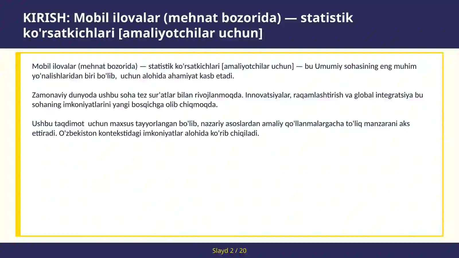 MOBIL ILOVALAR (MEHNAT BOZORIDA) — STATISTIK KO'RSATKICHLARI [AMALIYOTCHILAR UCHUN] 2