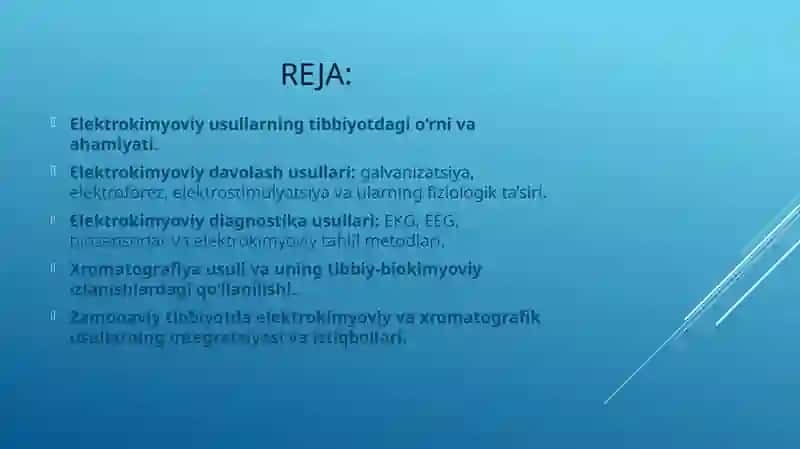 Elektrokimyoviy davolash va diagnostika usullari. Xromatagrafiyaning tibbiy izlanishlardagi imkoniyatlari 2