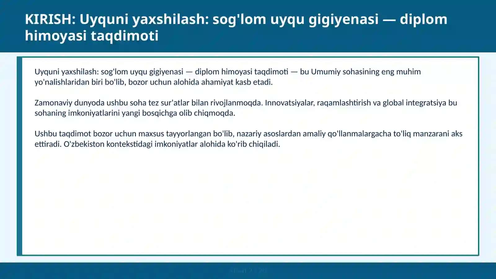 Uyquni yaxshilash: sog'lom uyqu gigiyenasi — diplom himoyasi taqdimoti 2