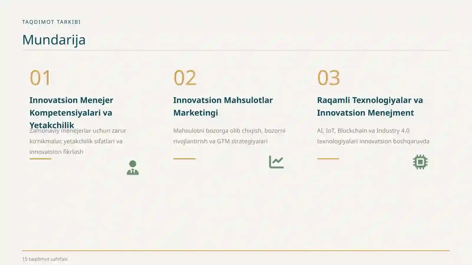 Innovatsion menejer kompetensiyalari va yetakchilik xususiyatlari. Innovatsion mahsulotlar marketingi va bozorni rivojlantirish strategiyalari. Raqamli texnologiyalar va ularning innovatsion menejmentdagi roli 2