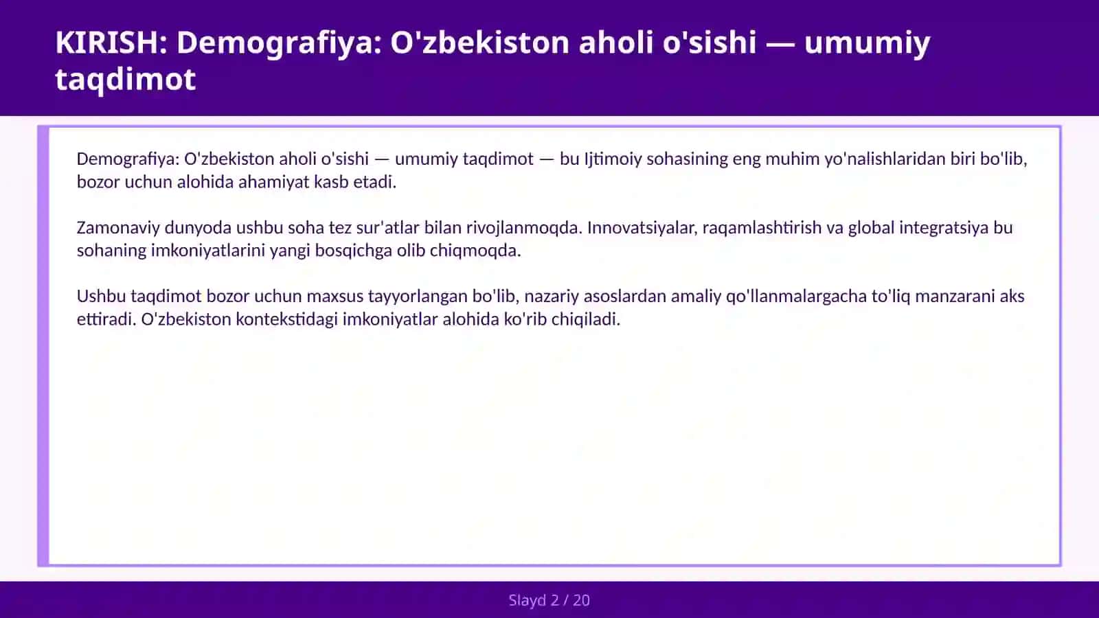 Demografiya: O'zbekiston aholi o'sishi — umumiy taqdimot 2