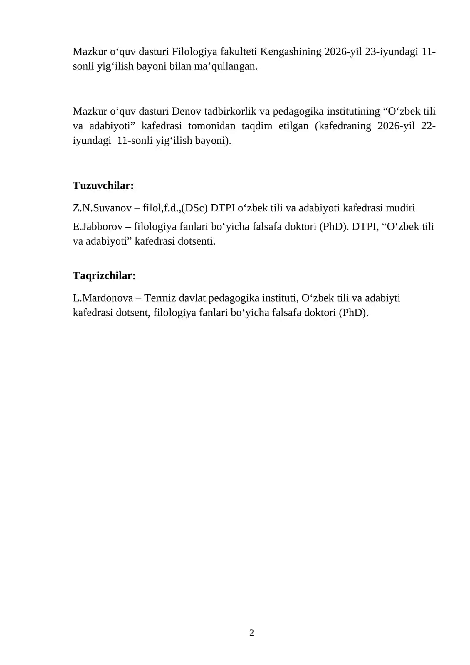 O‘zbek Folklori Fanining Oʻquv Dasturi 2