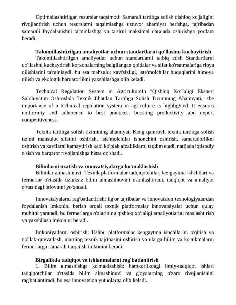 Qishloq XoʻJaligi Ekspert Salohiyatini Oshirishda Texnik Jihatdan Tartibga Solish Tizimining Ahamiyati 2