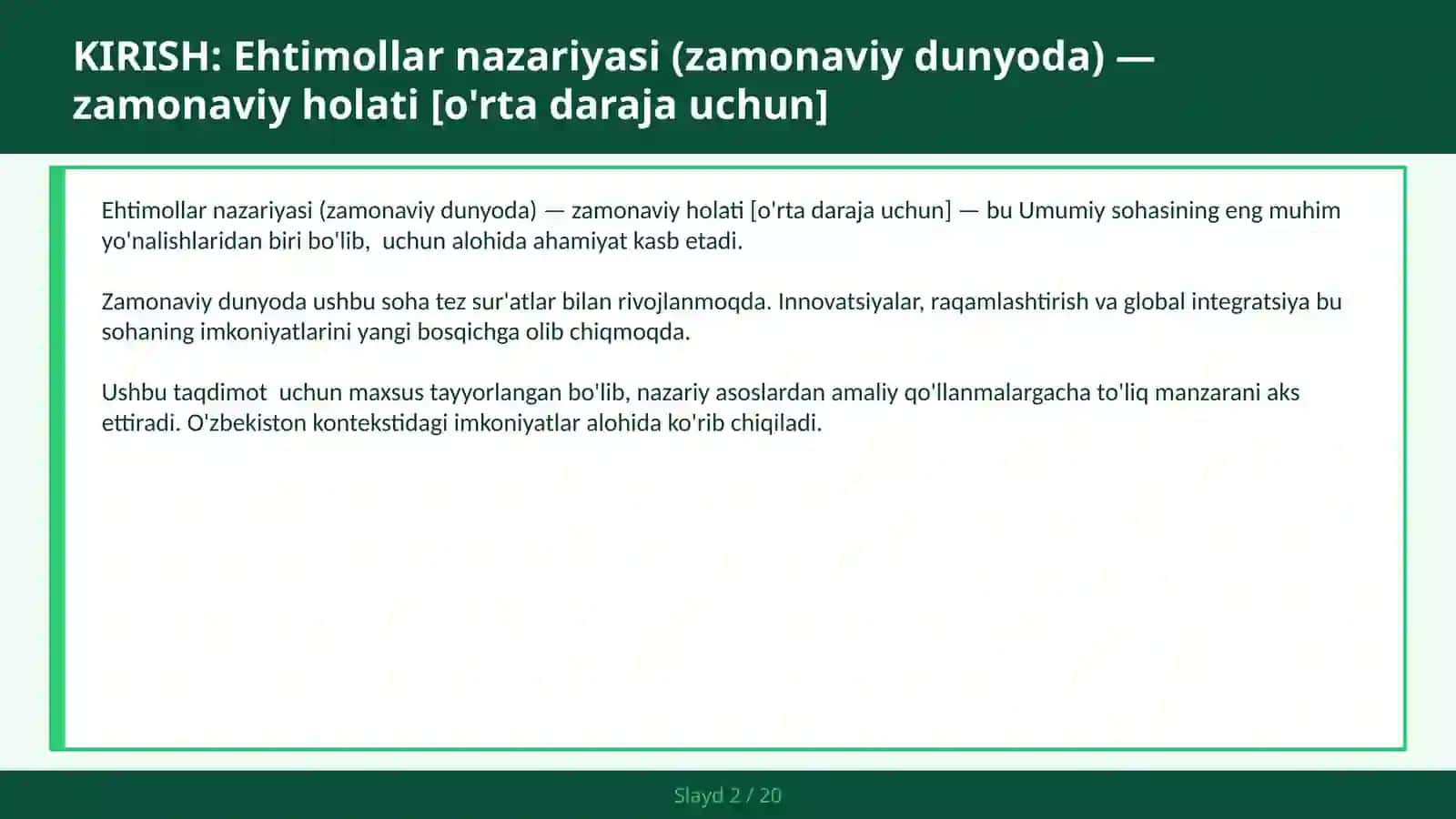 Ehtimollar nazariyasi (zamonaviy dunyoda) — zamonaviy holati [o'rta daraja uchun] 2