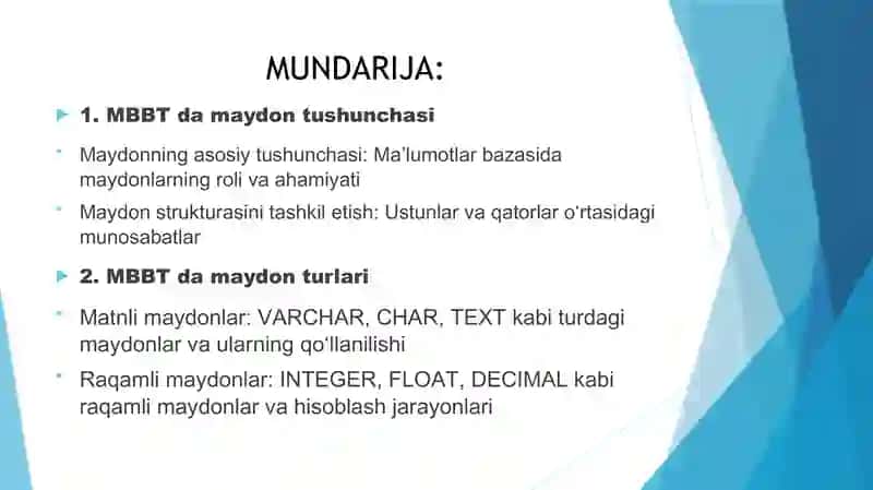 MBBT da maydon va uning turlari 2