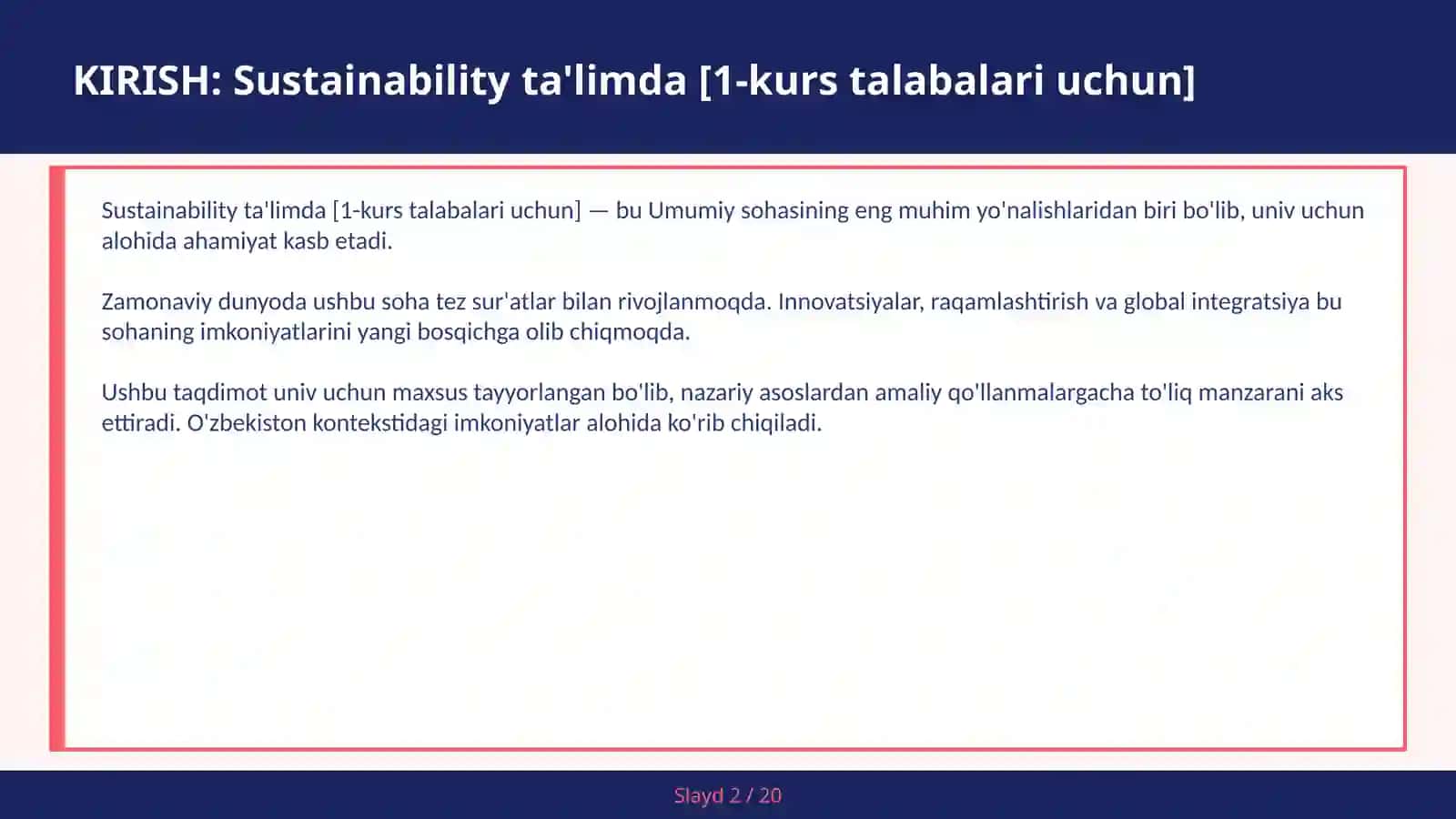 Sustainability ta'limda [1-kurs talabalari uchun] 2