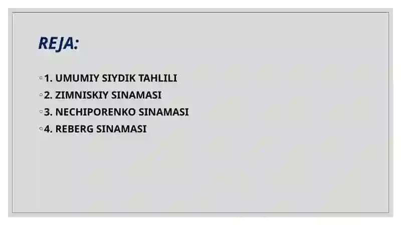 siydik tahlili. zimnitskiy, nechiporenko, reberg sinamalari 2