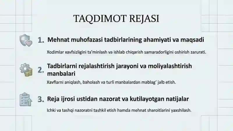 Mehnatni muhofaza qilish tadbirlarini rejalashtirish va moliyalashtirish 2