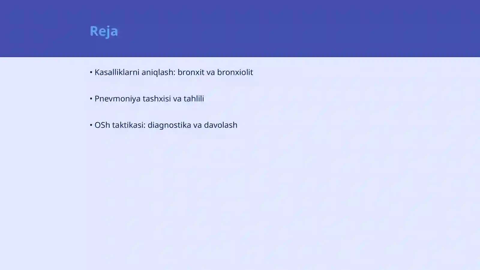 Pastki nafas yo'llari kasalliklarini tashxislash mezonlari: bronxit, bronxiolit, pnevmoniya OSh taktikasi. Davosi dispanser kuzatuvi 2