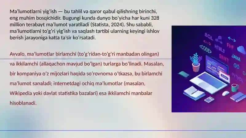 Ma'lumotlarni yig'ish va tayyorlash. Ma'lumotlarni tozalash, filtrlash va tizimlashtirish usullari. 2