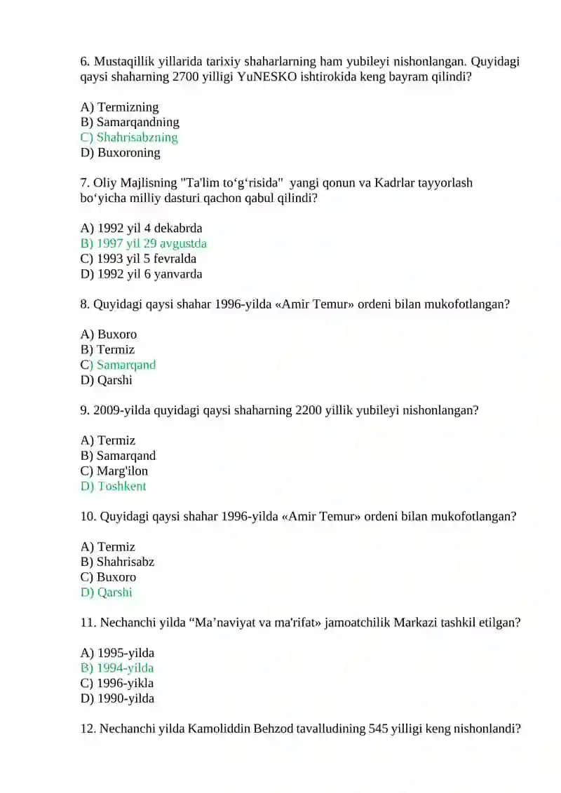 Mustaqillik yillarida O‘zbekistondagi ma’naviy va madaniy taraqqiyot. Test savollari. 2