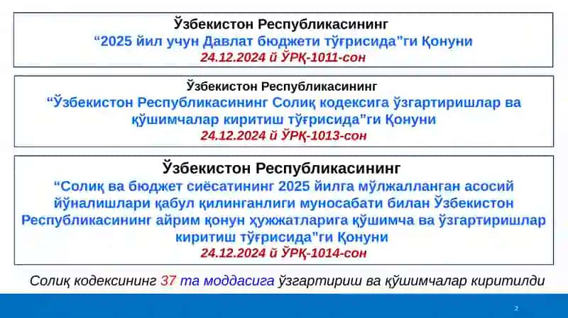 Солиқ қонунчилиги киритилган асосий ўзгартиришва қўшимчалар 2