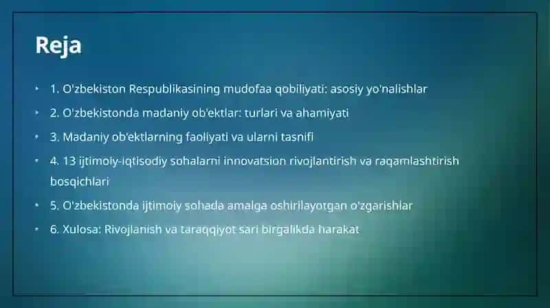 O'zbekiston Respublikasi mudofaa qobiliyati. O'zbekistonda madaniy ob'ektlar va ularning faoliyati tasnifi 2