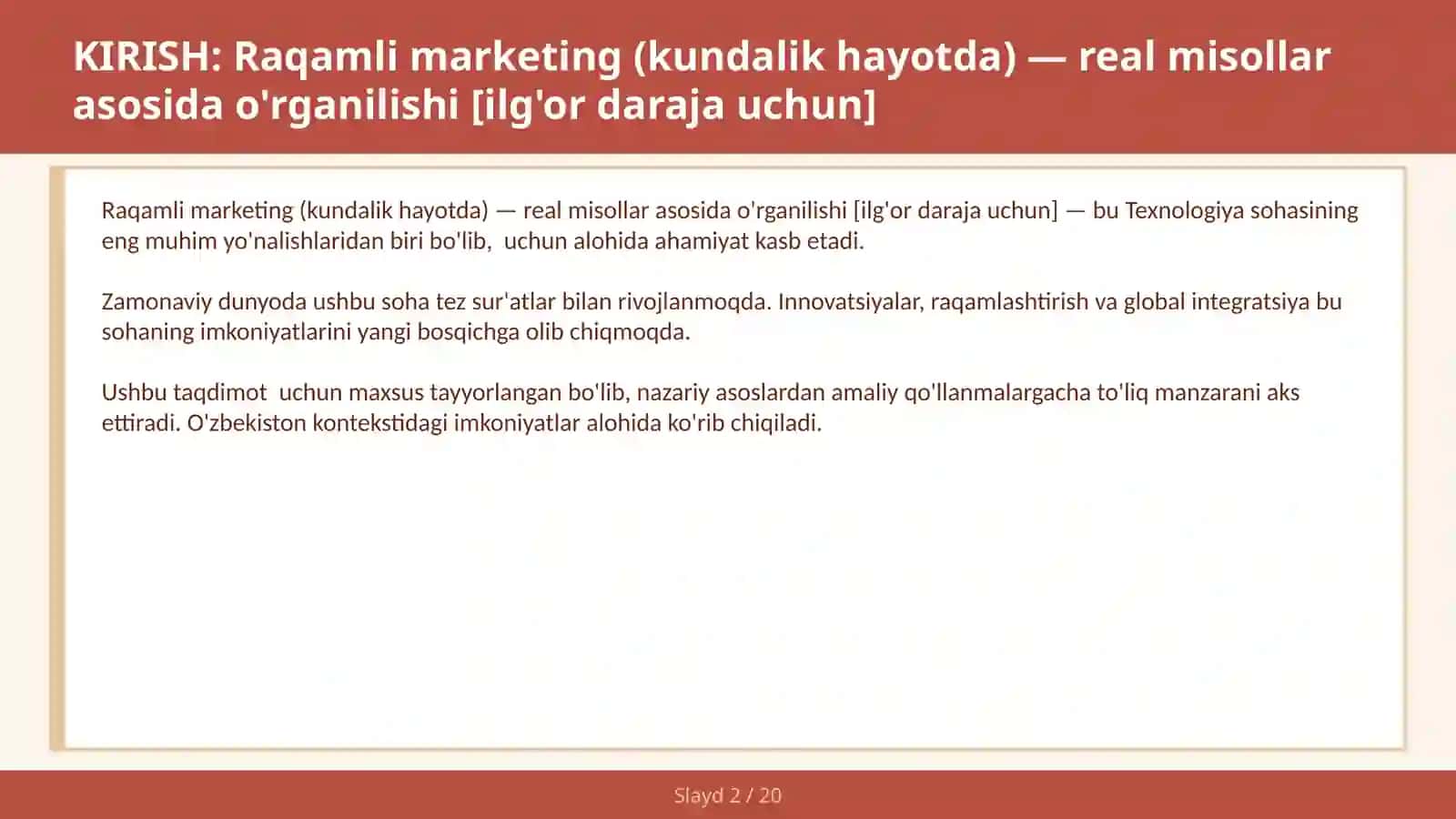 Raqamli marketing (kundalik hayotda) — real misollar asosida o'rganilishi [ilg'or daraja uchun] 2