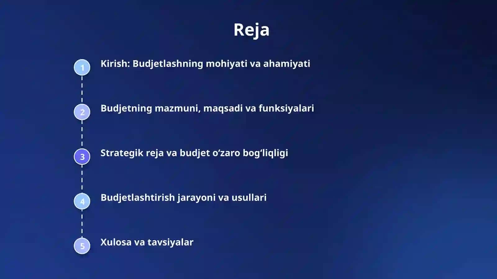 Budjetlashtirish va rejalashtirish Budjetning mazmuni, maqsadi, funksiyalari va strategik reja bilan o‘zaro bog‘liqligi. Budjet davri, budjet qo‘mitasi, budjet qo‘llanmasi, mas’uliyat markazlari va budjetlashtirish jarayonining tashkiliy bosqichlari. Yuqoridan pastga, pastdan yuqoriga va ishtirokchi budjetlashtirish yondashuvlari; budjet bo‘shlig‘i va xulq-atvor omillari. Sotuv prognozi va sotuv budjeti, tayyor mahsulot zaxirasi siyosati asosida ishlab chiqarish budjeti. Material sarfi va xaridi 2