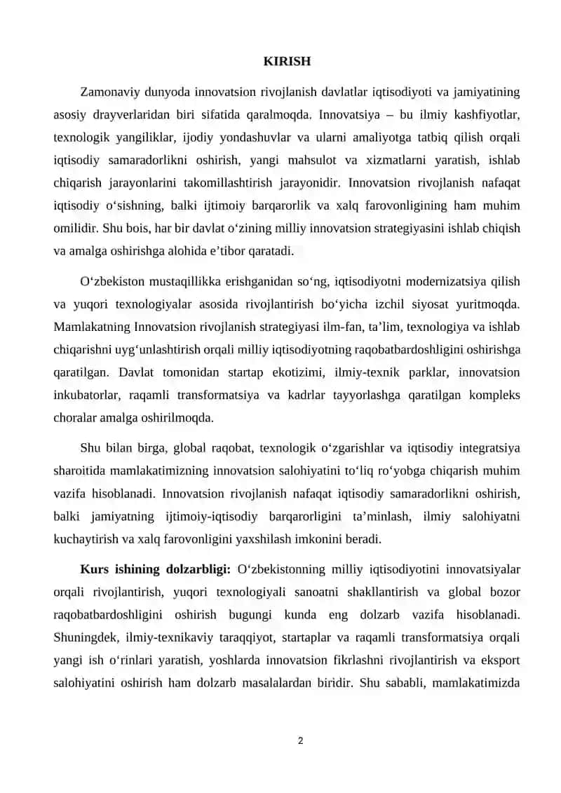 O'ZBEKISTONNING INNOVATSION RIVOJLANISH STRATEGIYASI HOLATI VA ISTIQBOLLARI 2