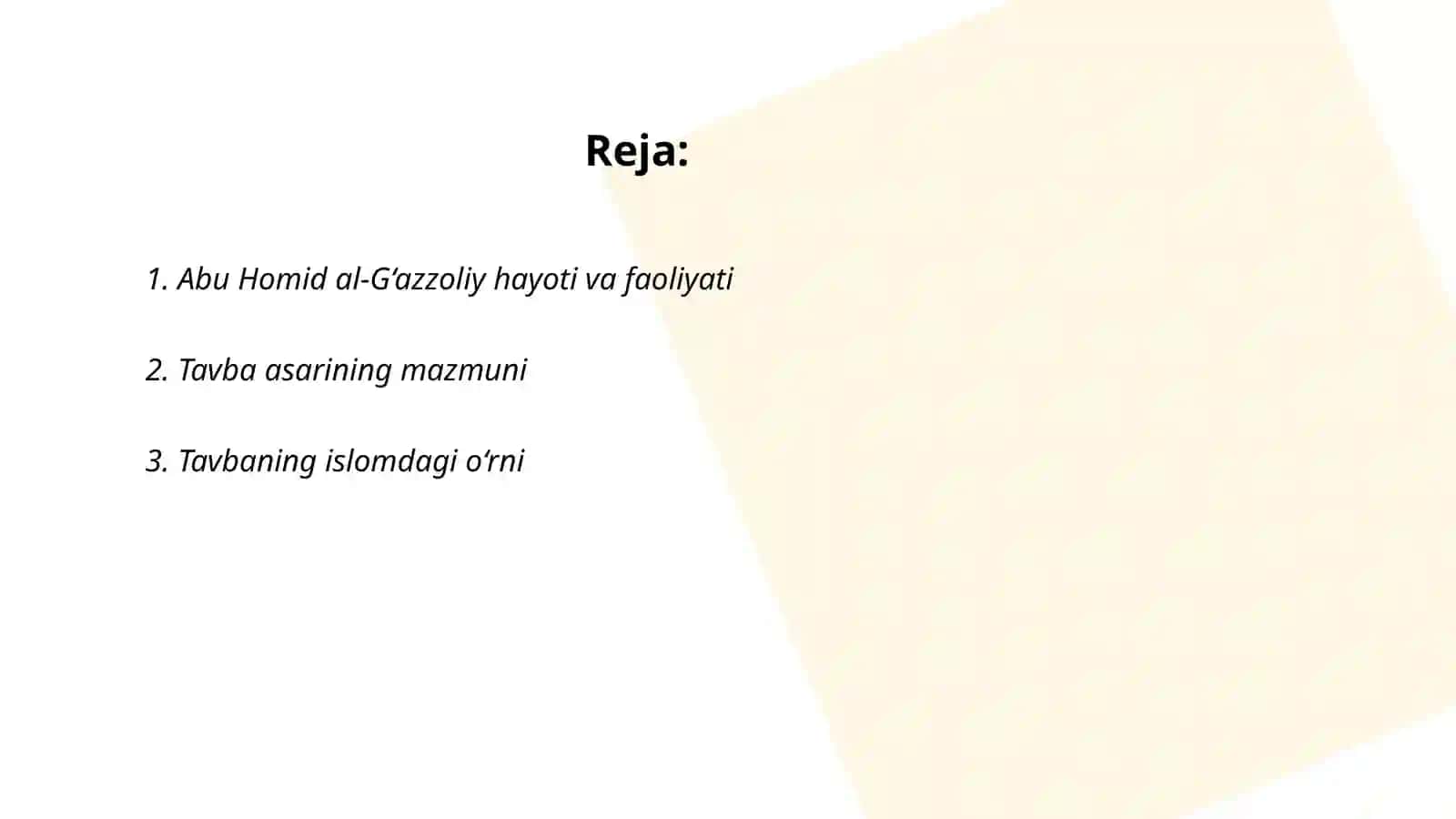 Abu Homid Muhammad ibn Muhammad al-G‘azzoliynig Tavba asari haqda taqdimot 2