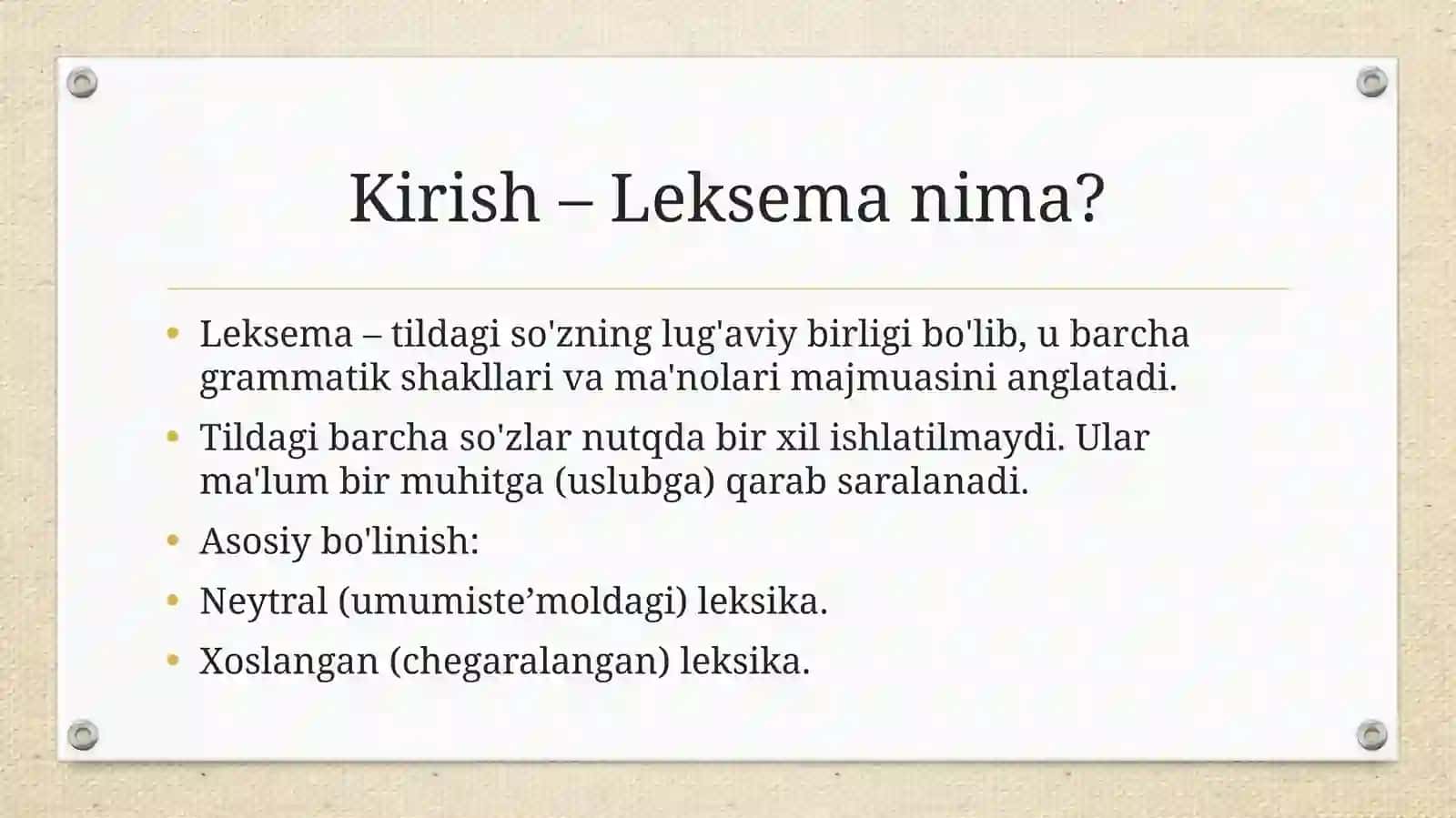 Leksemalarning nutq ko'rinishlariga xoslanishi (Leksik stilistika asoslari) 2