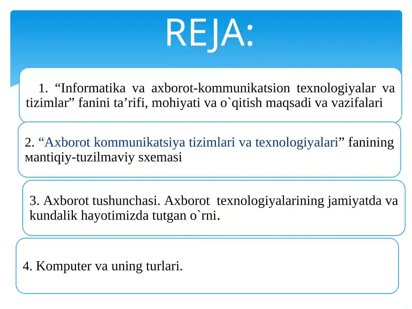 IQTISODIYOTDA AXBOROT-KOMMUNIKATSION TEXNALOGIYALAR VA TIZIMLAR FANIGA KIRISH 2