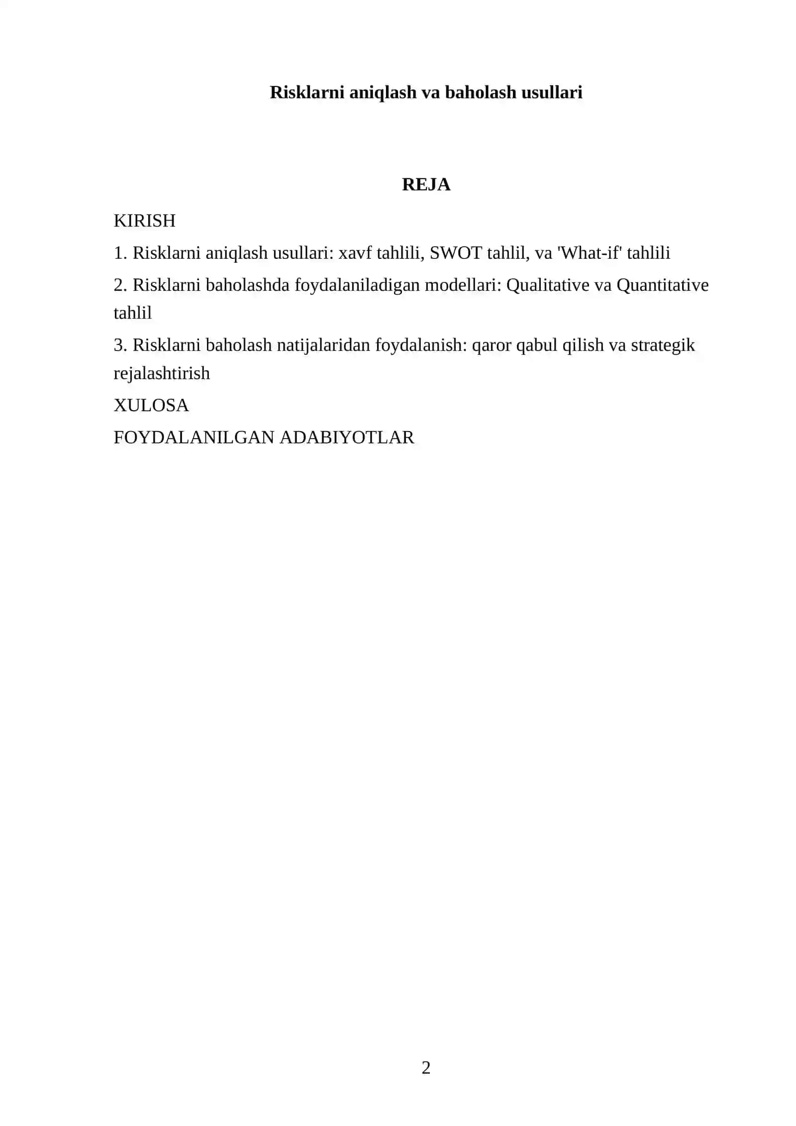 Risklarni aniqlash va baholash usullari 2
