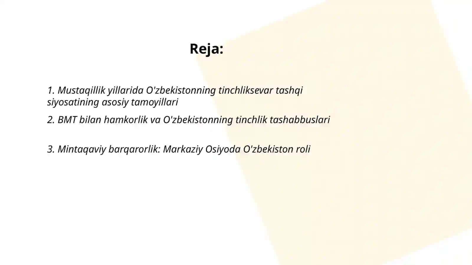 Mustaqillik yillarida O'zbekistonning tinchliksevar tashqi siyosatining asosiy tamoyillari 2