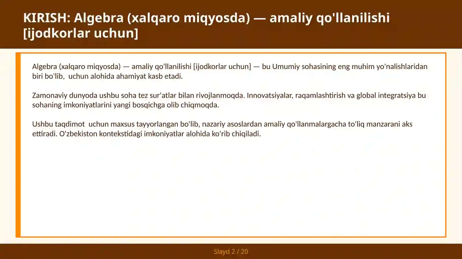 Algebra (xalqaro miqyosda) — amaliy qo'llanilishi [ijodkorlar uchun] 2