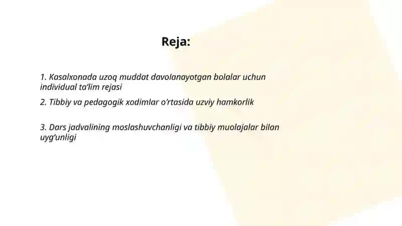 Kasalxonada uzoq muddat davolanayotgan bolalar uchun individual taʼlim rejasi 2