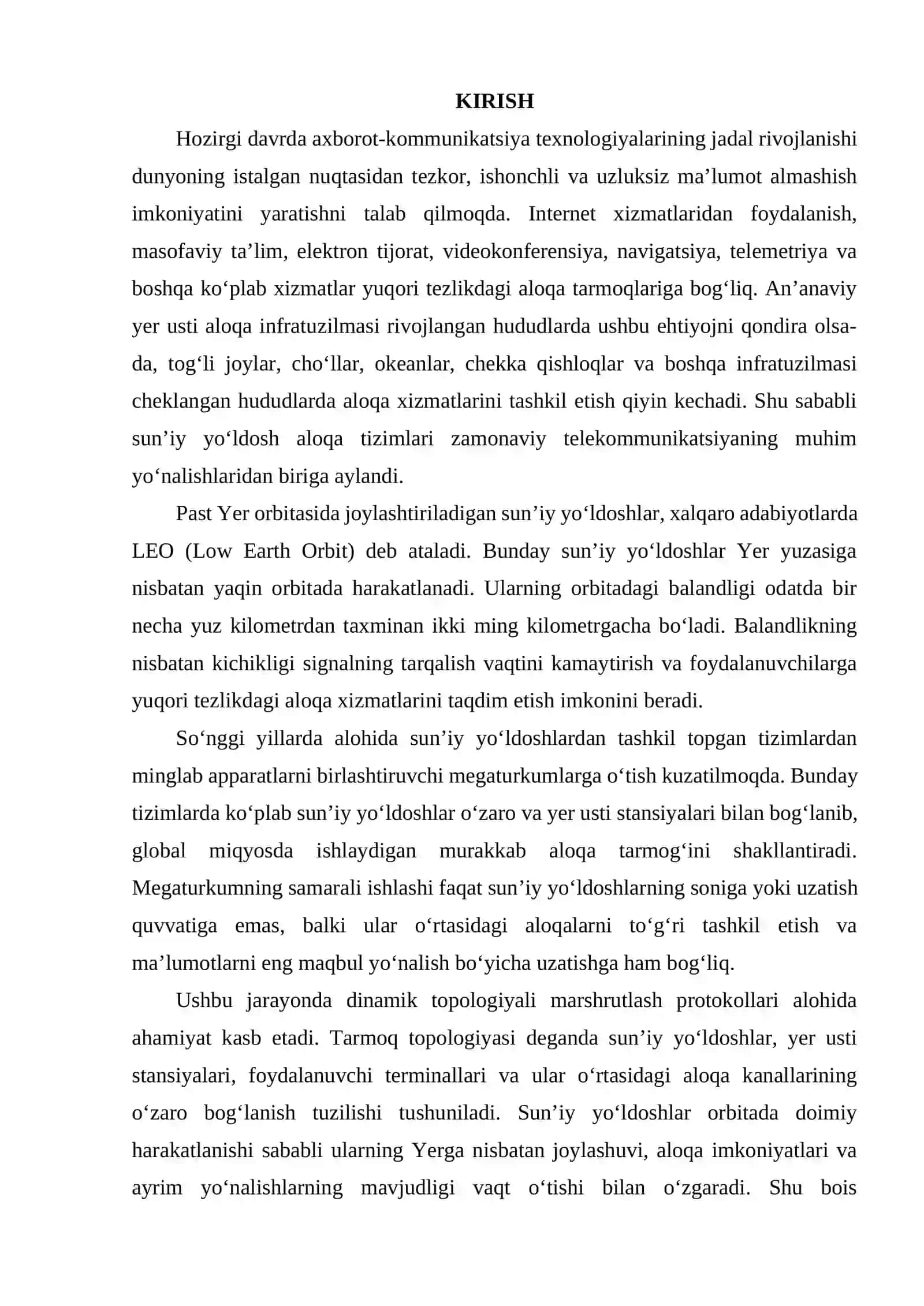 PAST YER ORBITALI SUN’IY YO‘LDOSH MEGATURKUMLARIDA DINAMIK TOPOLOGIYALI MARSHRUTLASH PROTOKOLLARI. 2