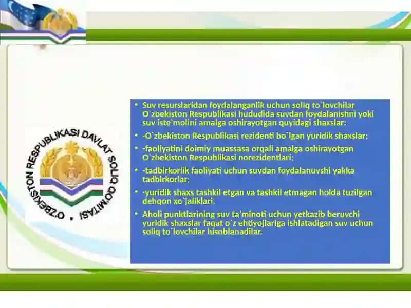 Sharopov Umidning Suvresurslaridanfoydalanganlikuchunsoliq Taqdimoti 2