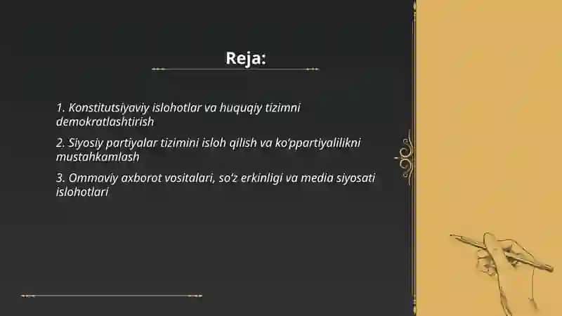 Oʻzbekistonda demokratik davlat fuqarolik jamiyati asoslarining shakllanishi amalga oshirilgan siyosiy islohotlar 2