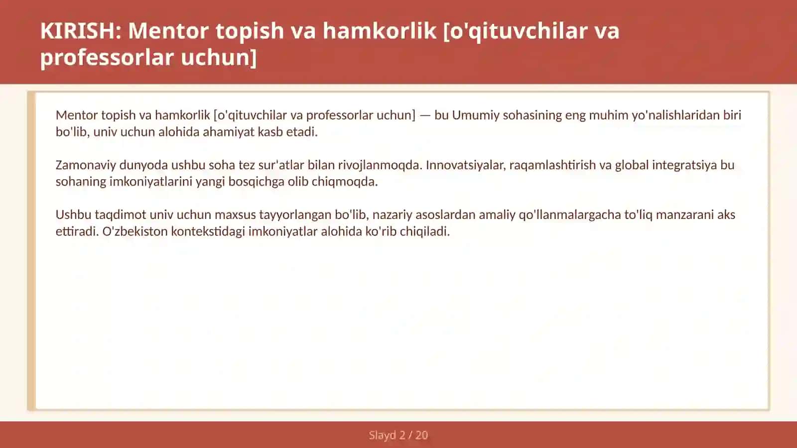 Mentor topish va hamkorlik [O'QITUVCHILAR VA PROFESSORLAR UCHUN] 2