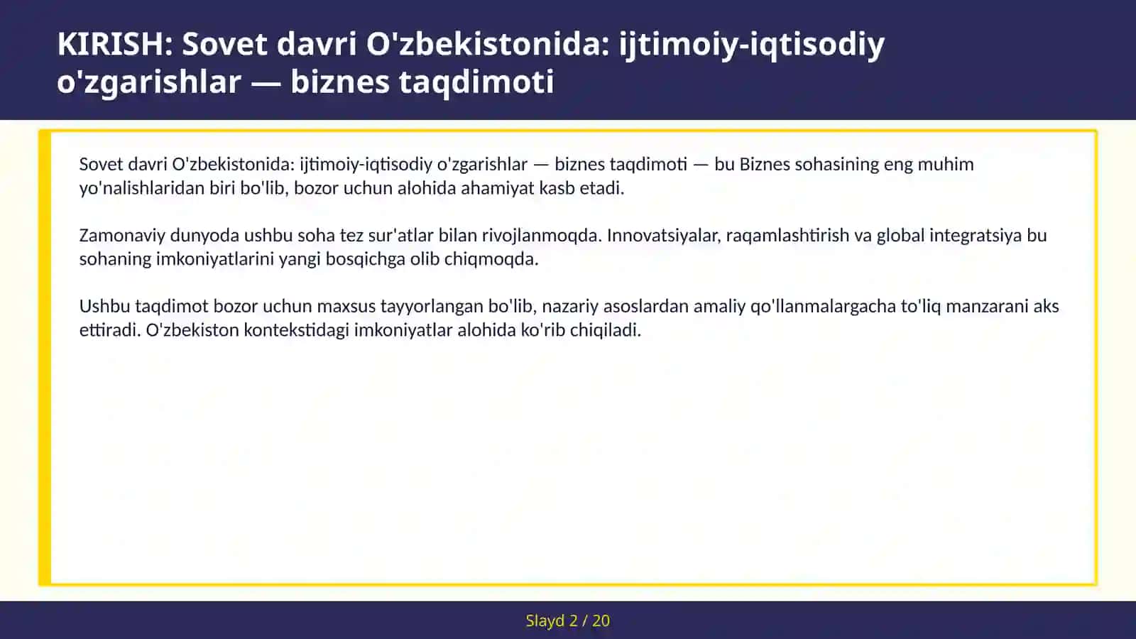 Sovet davri O'zbekistonida: Ijtimoiy-iqtisodiy o'zgarishlar — biznes taqdimoti 2