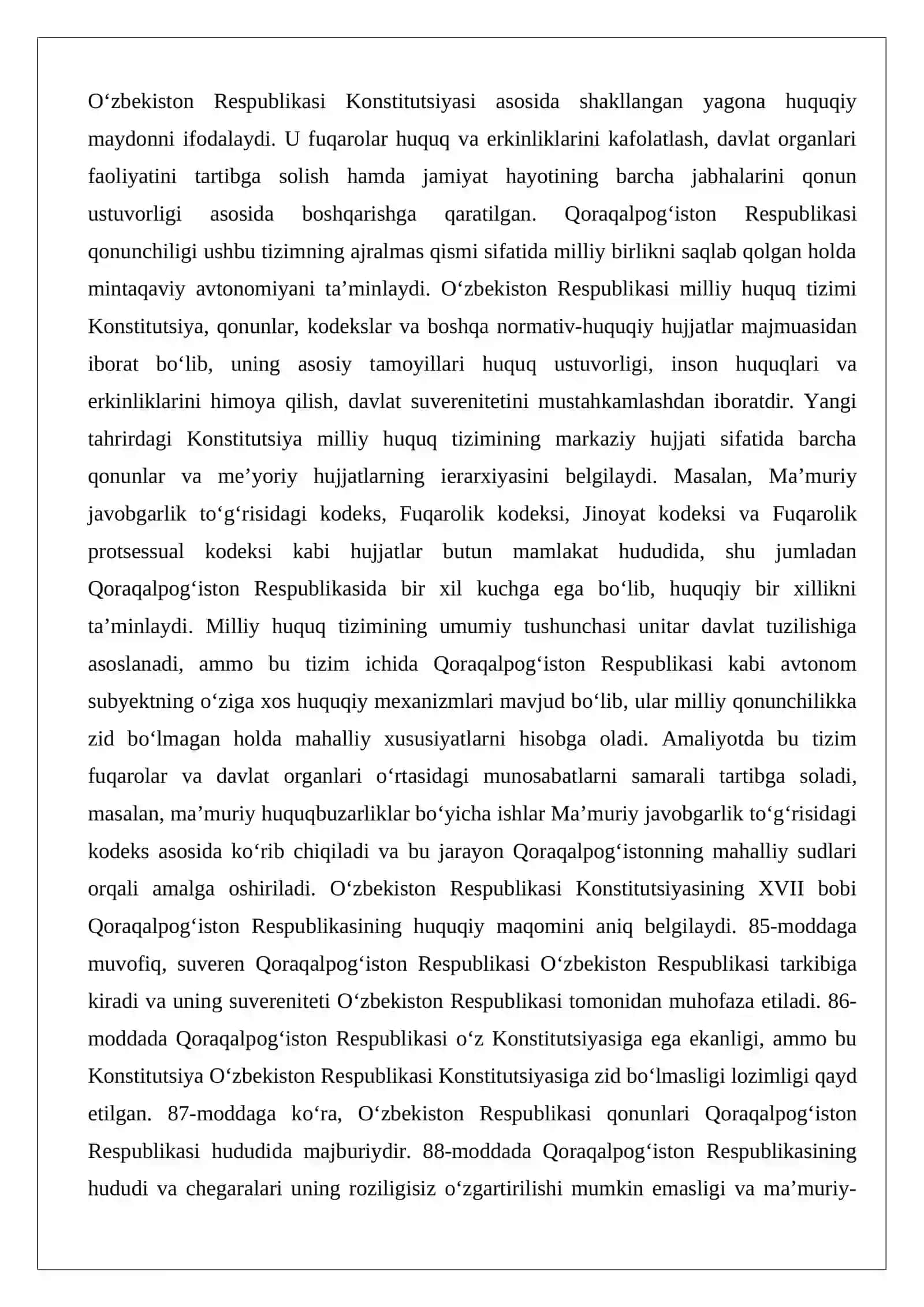 O‘zbekiston Respublikasi milliy huquq tizimida Qoraqalpo‘g‘iston Respublikasi qonunchiligi 2
