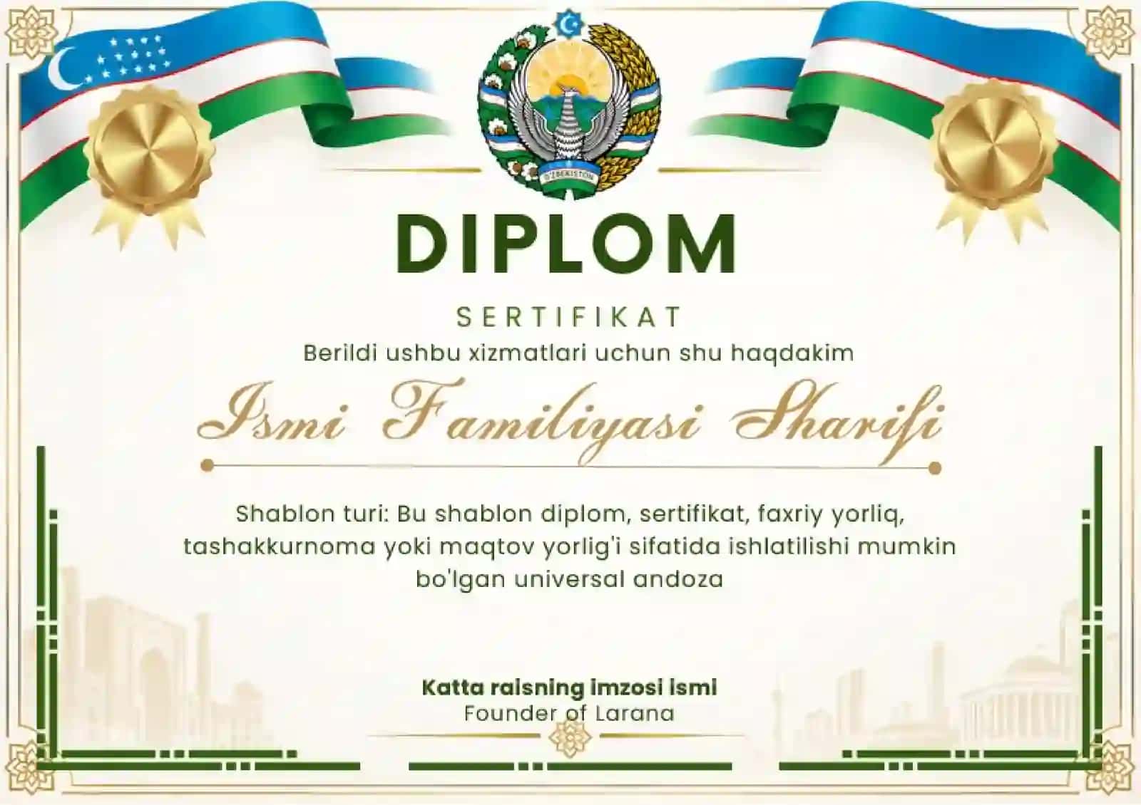 Shablon diplom, sertifikat, faxriy yorliq, tashakkurnoma yoki maqtov yorlig'i 2